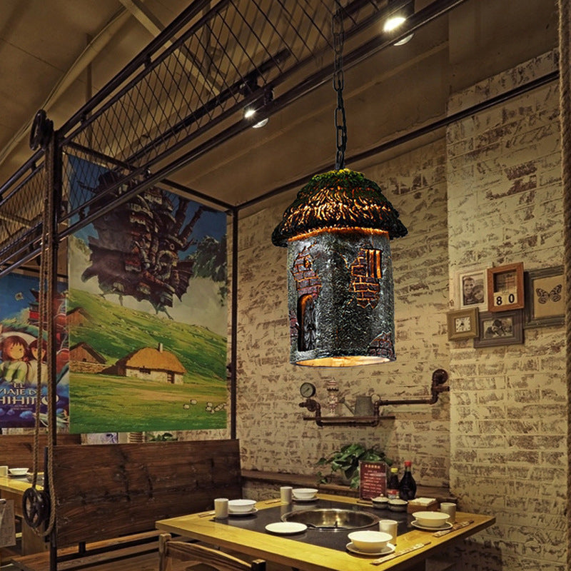 1 Light Pendant Lighting Rustic House Shaped Resin Hanging Ceiling Light in Green for Restaurant