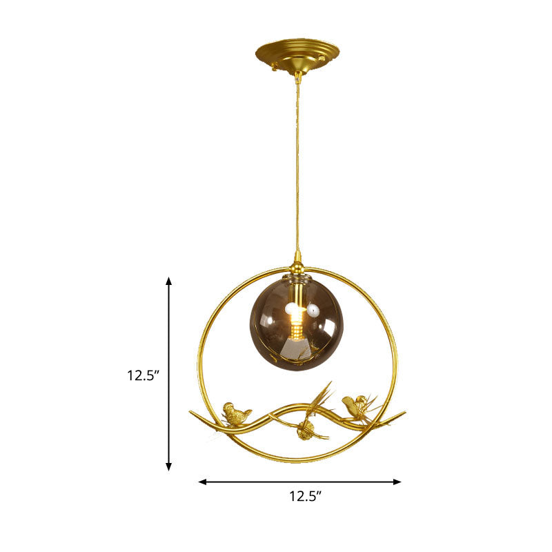 Globe Bedroom Pendant Light Vintage Smoke Gray/Clear/Amber Glass 1/3 Lights Brass Hanging Light with Round/Linear Canopy