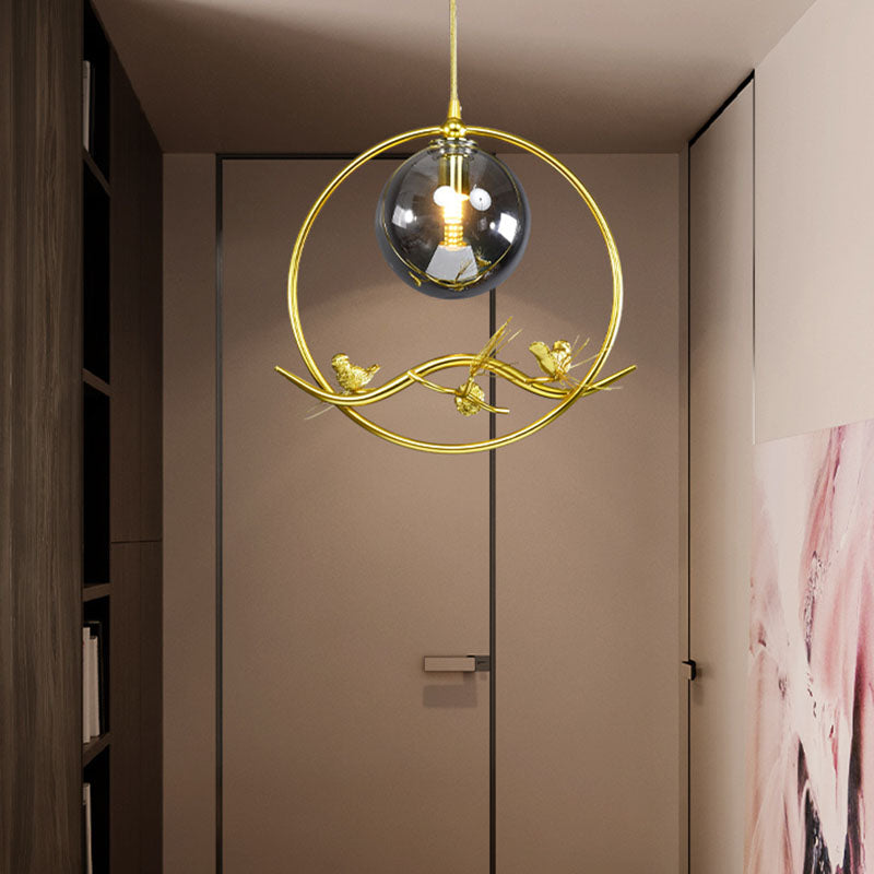 Globe slaapkamer hanglamp vintage rookgrijs/helder/barnsteen glas 1/3 lichten messing hangend licht met ronde/lineaire luifel