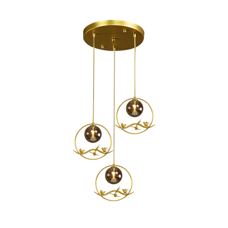 Globe Bedroom Pendant Light Vintage Smoke Gray/Clear/Amber Glass 1/3 Lights Brass Hanging Light with Round/Linear Canopy
