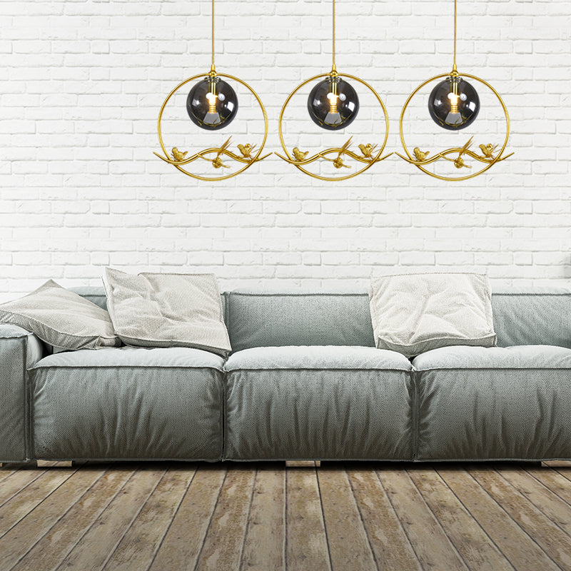 Globe Bedroom Pendant Light Vintage Smoke Gray/Clear/Amber Glass 1/3 Lights Brass Hanging Light with Round/Linear Canopy