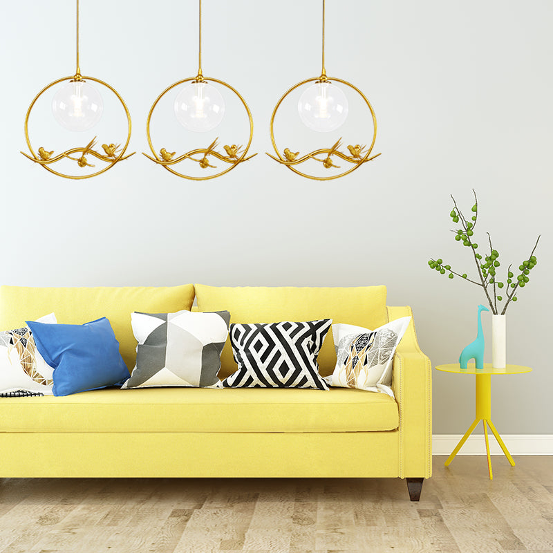 Globe Bedroom Pendant Light Vintage Smoke Gray/Clear/Amber Glass 1/3 Lights Brass Hanging Light with Round/Linear Canopy