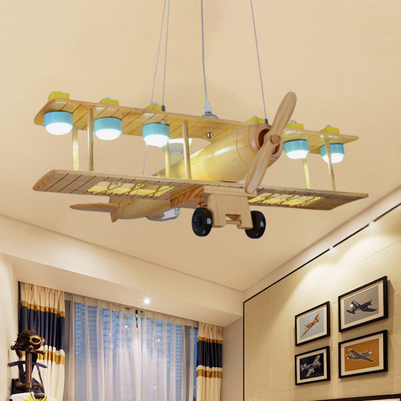 Nordic Style Beige Pendant Light Glider Shaped Wood Hanging Light for Kindergarten