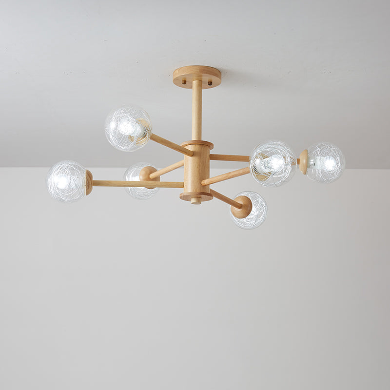 Beige 2-stufige radiale Leuchte nordische LED-hölzerne Kronleuchter Licht mit kugel klaren Glasschatten