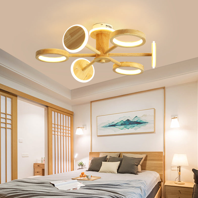 Japanese Radial Chandelier Light Wooden Living Room LED Hanging Light Fixture in Beige
