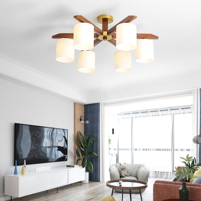 Cilinder crème glazen kap semi-gemonteerd verlichting eenvoudig beige lichtarmatuur met houten luifel