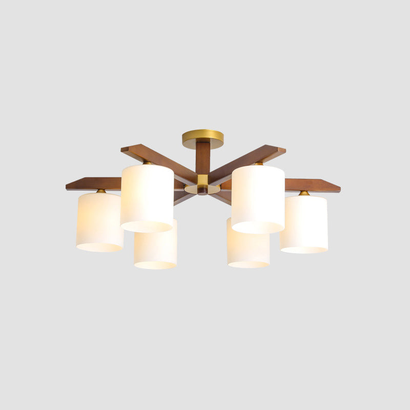 Cilinder crème glazen kap semi-gemonteerd verlichting eenvoudig beige lichtarmatuur met houten luifel