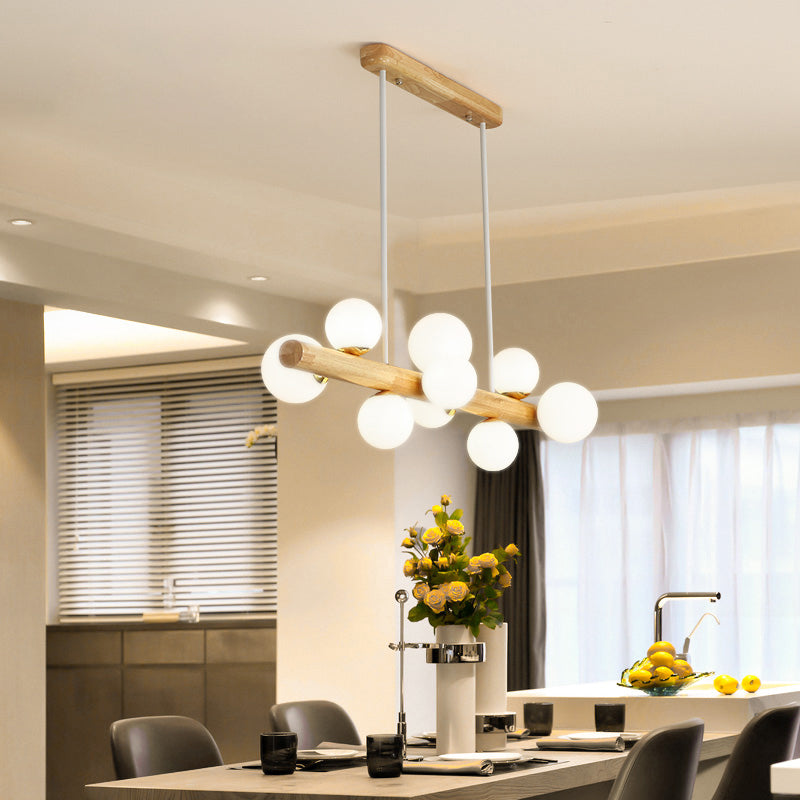 Linear Dining Room Island Light Wooden LED Simple Hanging Ceiling Light with Cream Glass Shade