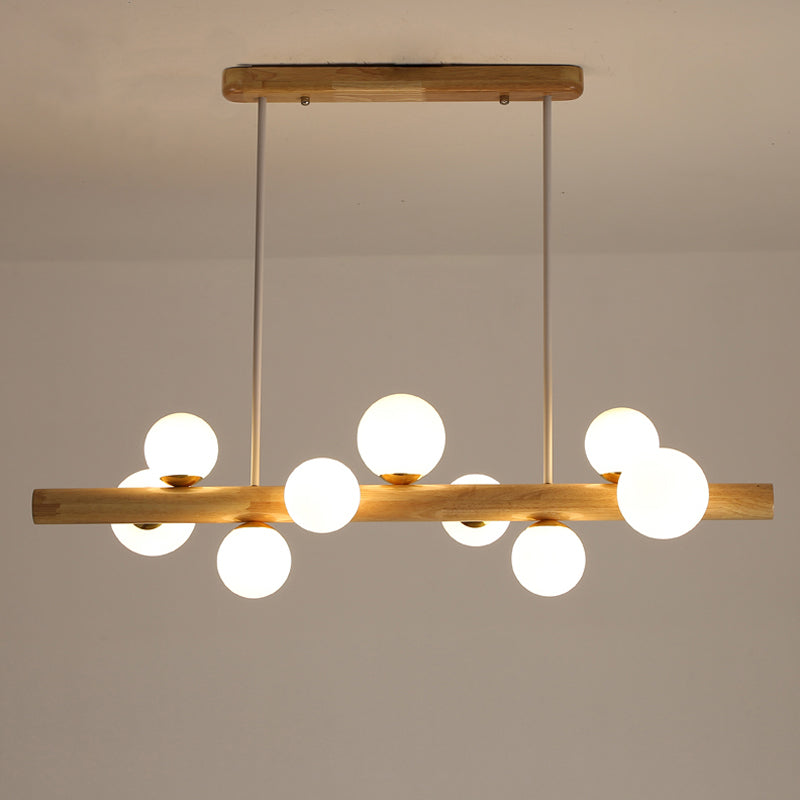 Linear Dining Room Island Light Wooden LED Simple Hanging Ceiling Light with Cream Glass Shade