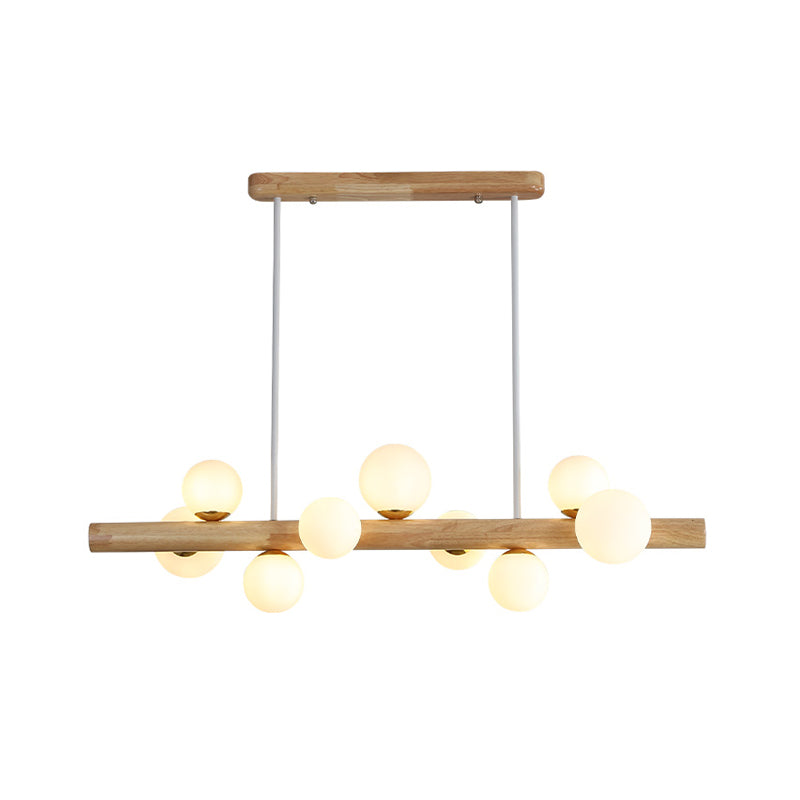 Linear Dining Room Island Light Wooden LED Simple Hanging Ceiling Light with Cream Glass Shade