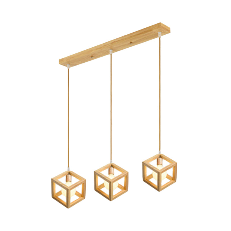 Quadratischer Multi -Licht -Anhänger Einfacher Holz 3 Lampenküche Hängende Leuchte