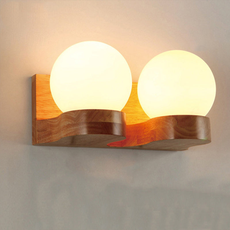 Modern Sphere Shade Sconce Light Fixture Cream Glass LED Living Room Wall Lighting in Wood