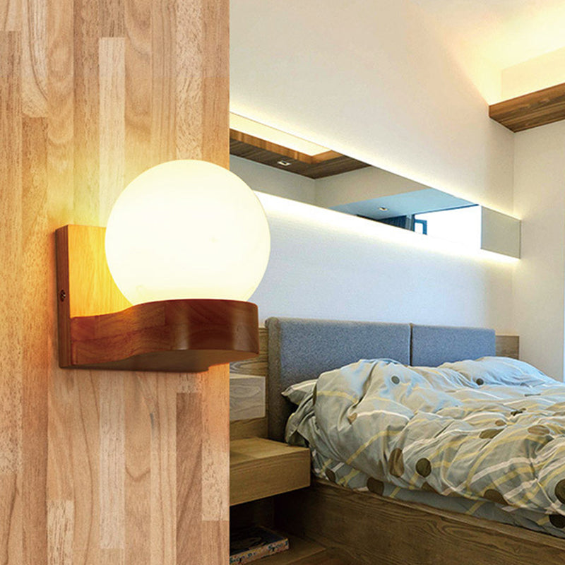 Modern Sphere Shade Sconce Light Fixture Cream Glass LED Living Room Wall Lighting in Wood