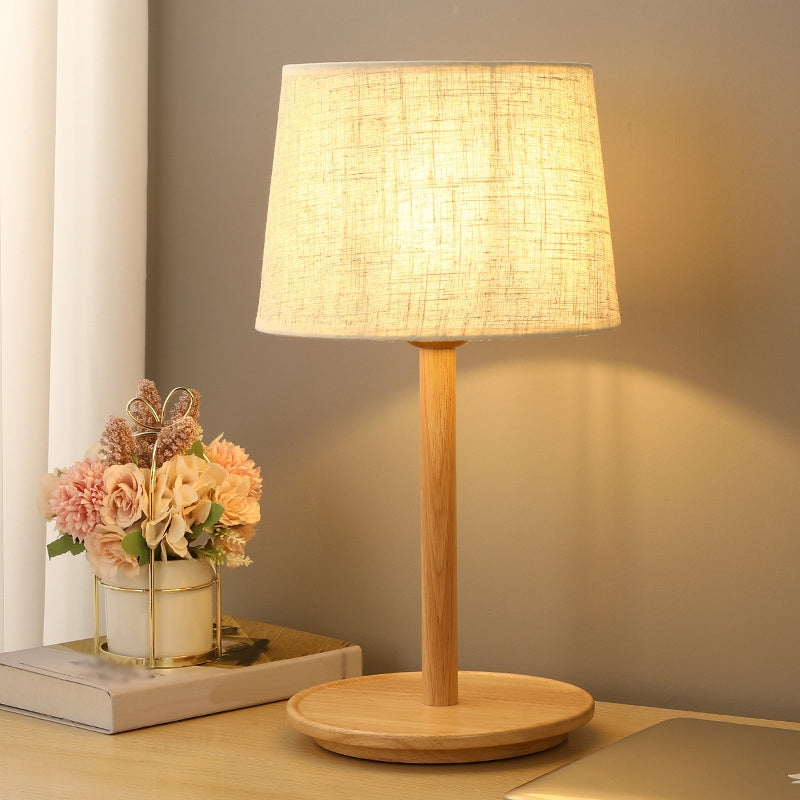 Geometric Table Light Modern Fabric Single Wood Nightstand Lamp in Beige for Bedroom