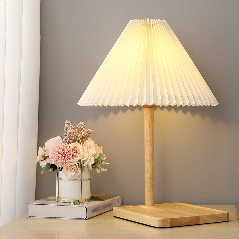 Geometric Table Light Modern Fabric Single Wood Nightstand Lamp in Beige for Bedroom