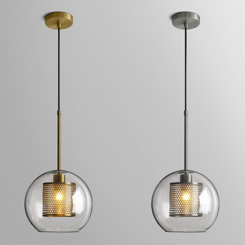 Clear Glass Orb Pendant Lighting Modernity 1 Head Hanging Ceiling Light with Inside Mesh Cage