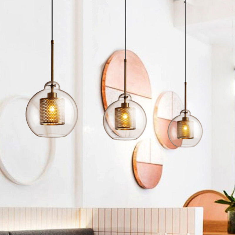 Clear Glass Orb Pendant Lighting Modernity 1 Head Hanging Ceiling Light with Inside Mesh Cage
