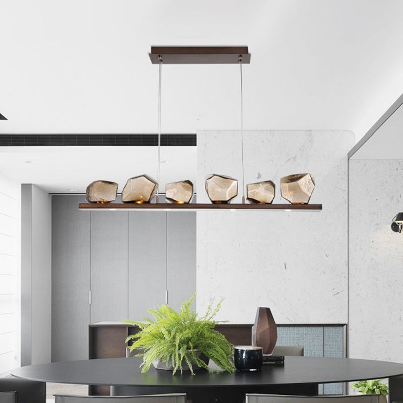 Amber Glass Stone Pendant Lamp Minimalist 6-Bulb Island Lighting Fixture in Brown