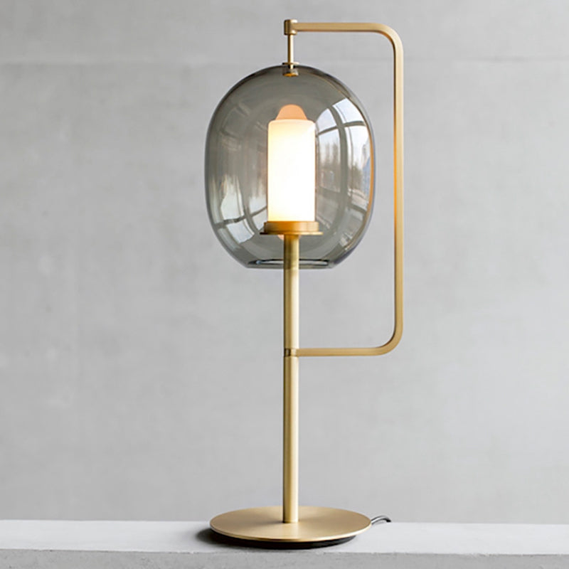 Minimal Oval Table Lamp Smoke Glass 1-Head Dining Room Nightstand Light with Right Angle Arm