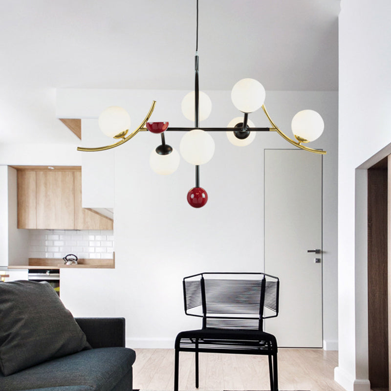 Modernity Ball Hanging Chandelier Opal Glass Living Room Suspension Lamp in Black