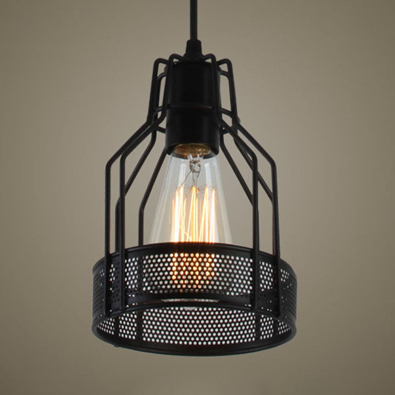 Caged Restaurant Pendant Lighting Antique Industrial Metal 1 Bulb Black Hanging Fixture with Mesh Screen