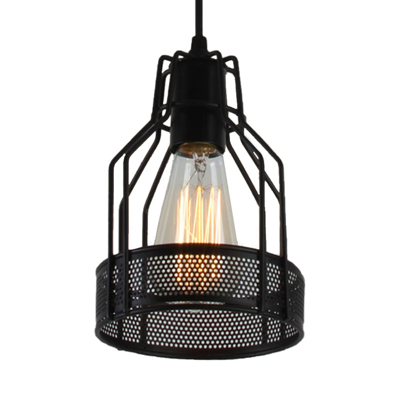 Caged Restaurant Pendant Lighting Antique Industrial Metal 1 Bulb Black Hanging Fixture with Mesh Screen