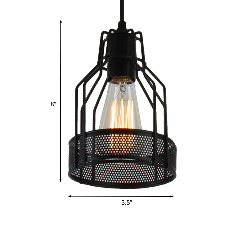 Caged Restaurant Pendant Lighting Antique Industrial Metal 1 Bulb Black Hanging Fixture with Mesh Screen