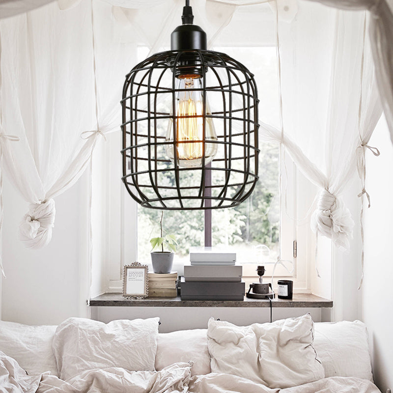 1-Light Cylindrical Wire Cage Pendant Lighting Retro Black Metal Hanging Ceiling Light for Restaurant