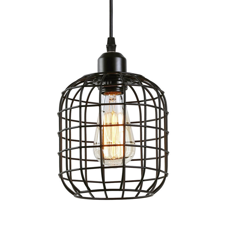 1-Light Cylindrical Wire Cage Pendant Lighting Retro Black Metal Hanging Ceiling Light for Restaurant