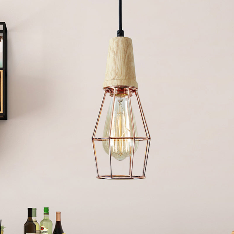 1-Licht-Deckenleuchte industrielle geometrische Käfigstil-Eisenhängerlampe mit Holzoberteil in Schwarz/Chrom/Roségold für Schlafzimmer