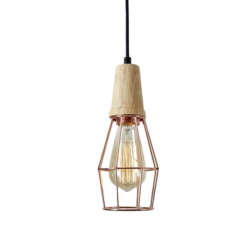 1-Licht-Deckenleuchte industrielle geometrische Käfigstil-Eisenhängerlampe mit Holzoberteil in Schwarz/Chrom/Roségold für Schlafzimmer