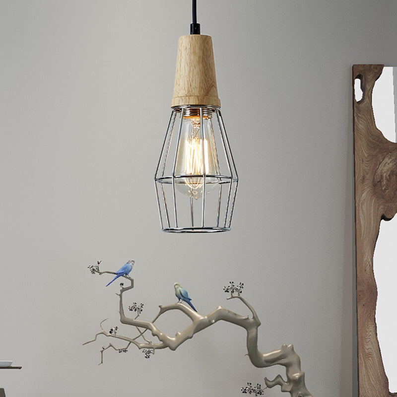 1-Licht-Deckenleuchte industrielle geometrische Käfigstil-Eisenhängerlampe mit Holzoberteil in Schwarz/Chrom/Roségold für Schlafzimmer