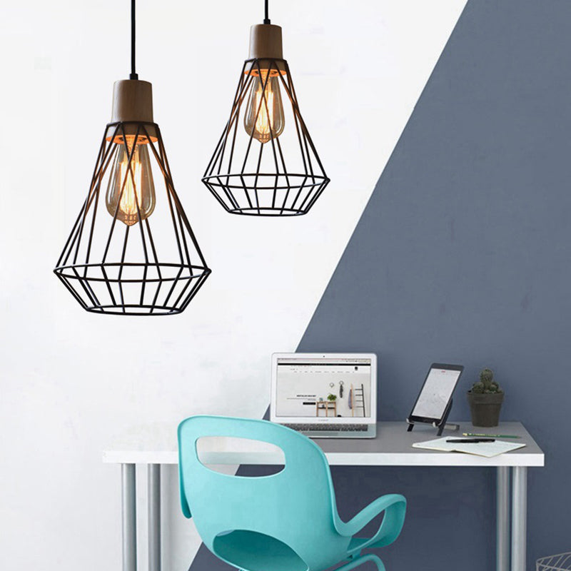 12 "/13" H 1-Licht Anhängerleuchte Leuchte Moderne geometrische Drahtkäfig-Eisen-Anhängerlampe mit Holzoberteil in Schwarz für Schlafzimmer