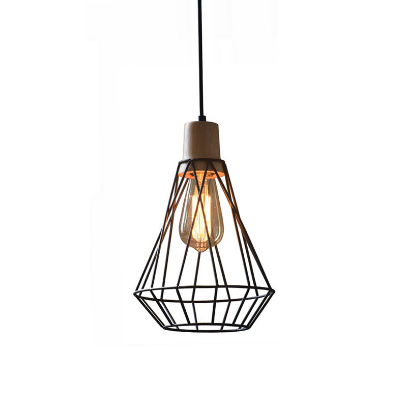 12 "/13" H 1-Licht Anhängerleuchte Leuchte Moderne geometrische Drahtkäfig-Eisen-Anhängerlampe mit Holzoberteil in Schwarz für Schlafzimmer