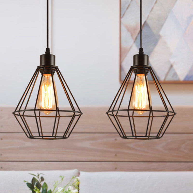 1-Light Pendant Light Fixture Modern Diamond Cage Metal Hanging Lamp in Black for Restaurant