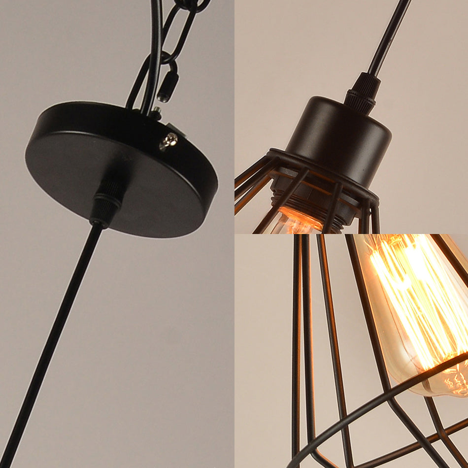 1-Light Pendant Light Fixture Modern Diamond Cage Metal Hanging Lamp in Black for Restaurant