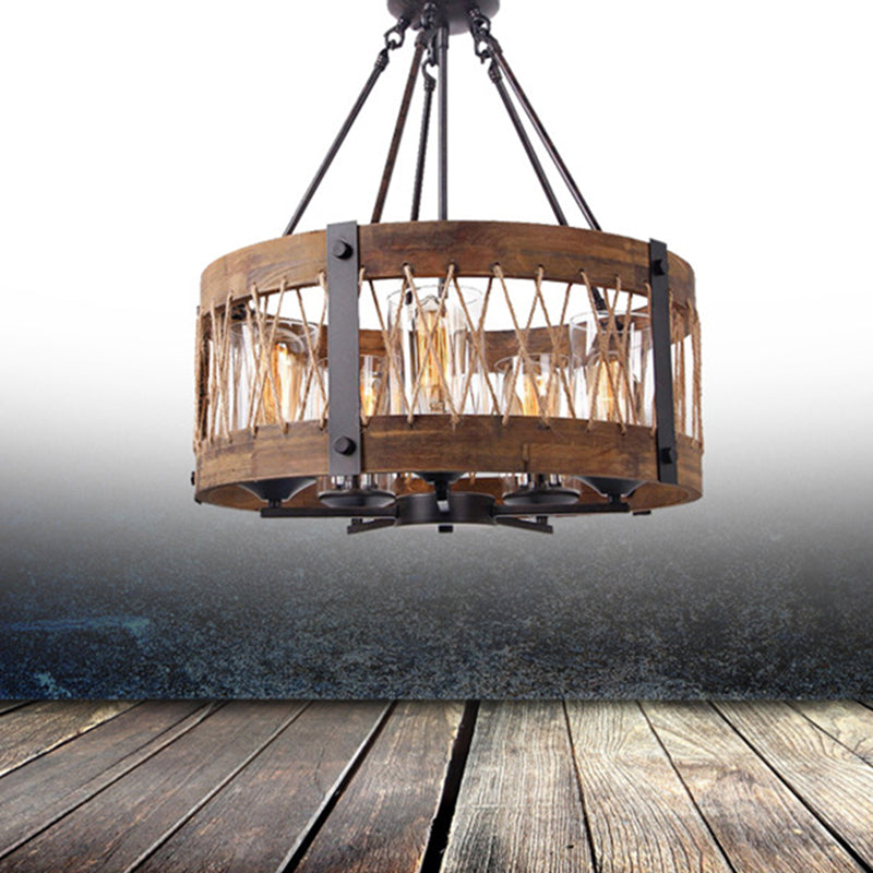 Lustre en métal à 5 ​​lumière luminaire rétro en corde noire rétro en bois à tambour en bois