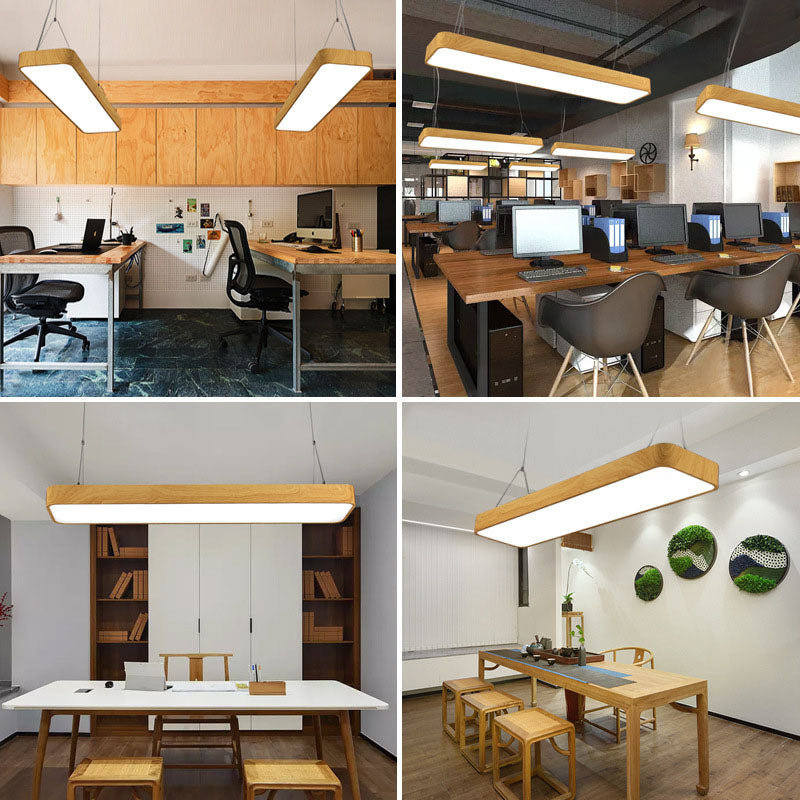 Rechthoekige aluminium druppel hanger Noordse houten afwerking LED hangend licht voor kantoor