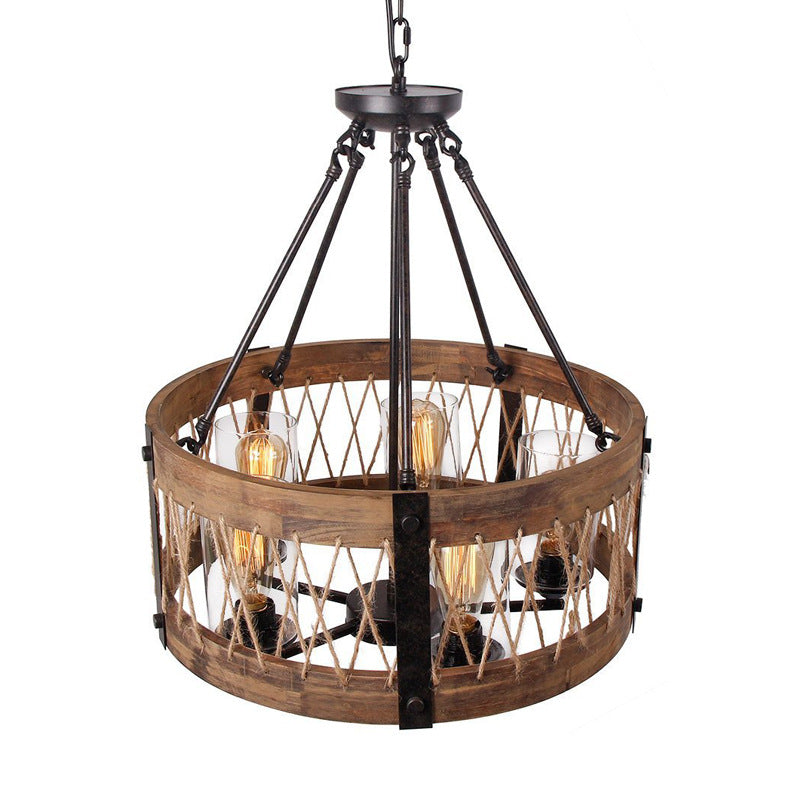 Lustre en métal à 5 ​​lumière luminaire rétro en corde noire rétro en bois à tambour en bois