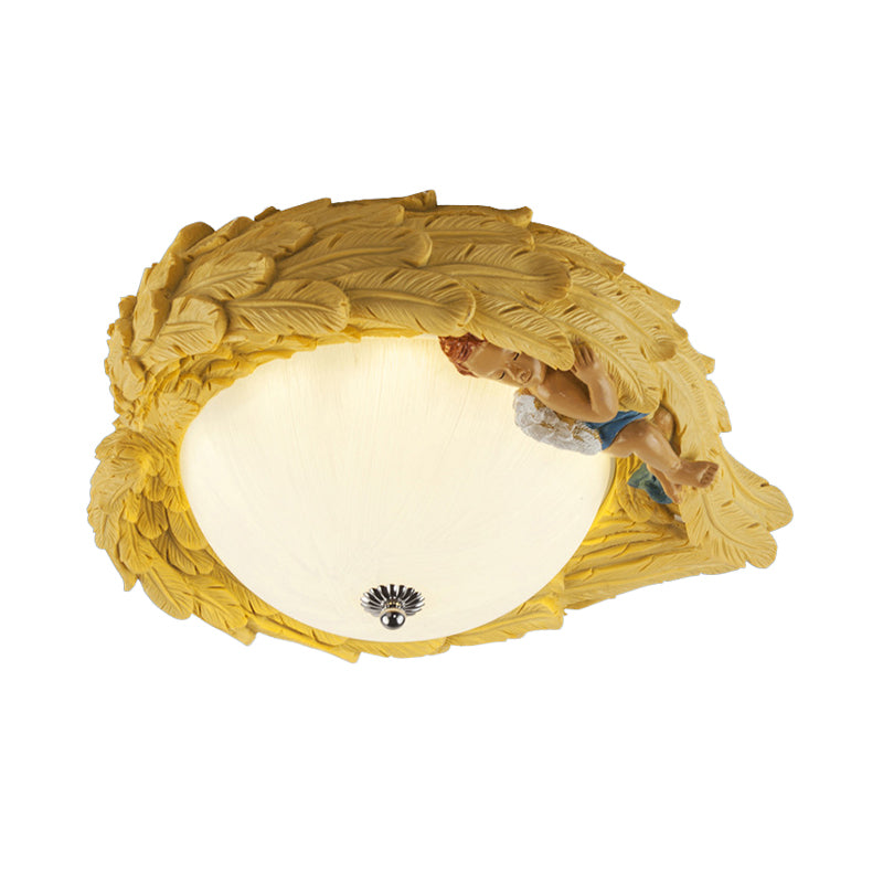 Resin Wing Flush Mount Light with Angel Child Bedroom Romantic Ceiling Lamp