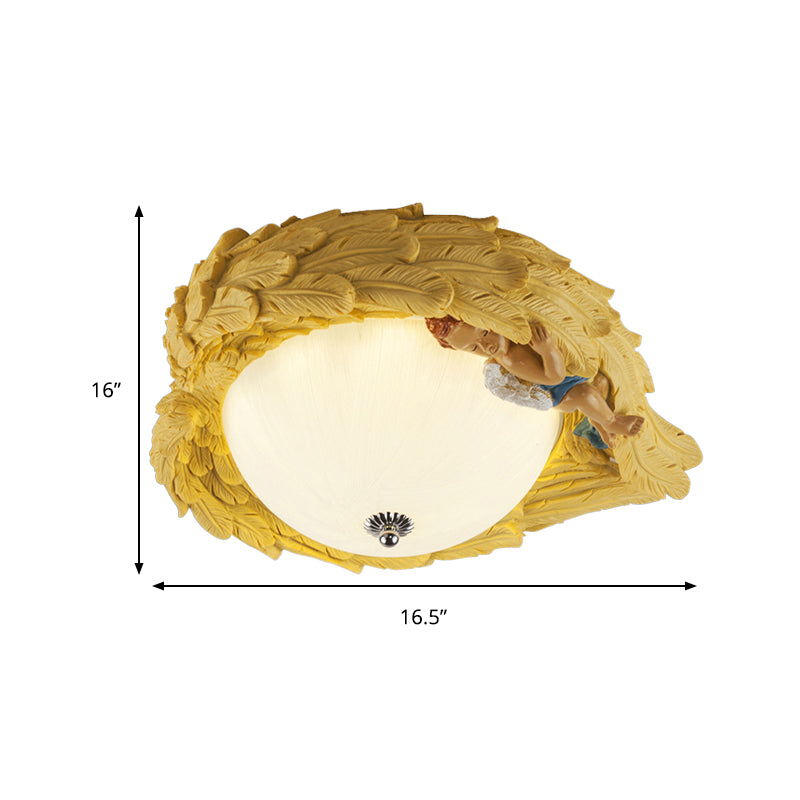 Resin Wing Flush Mount Light with Angel Child Bedroom Romantic Ceiling Lamp
