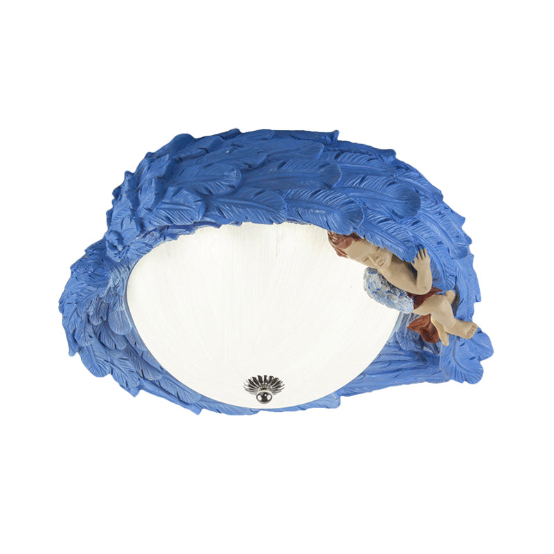 Resin Wing Flush Mount Light with Angel Child Bedroom Romantic Ceiling Lamp