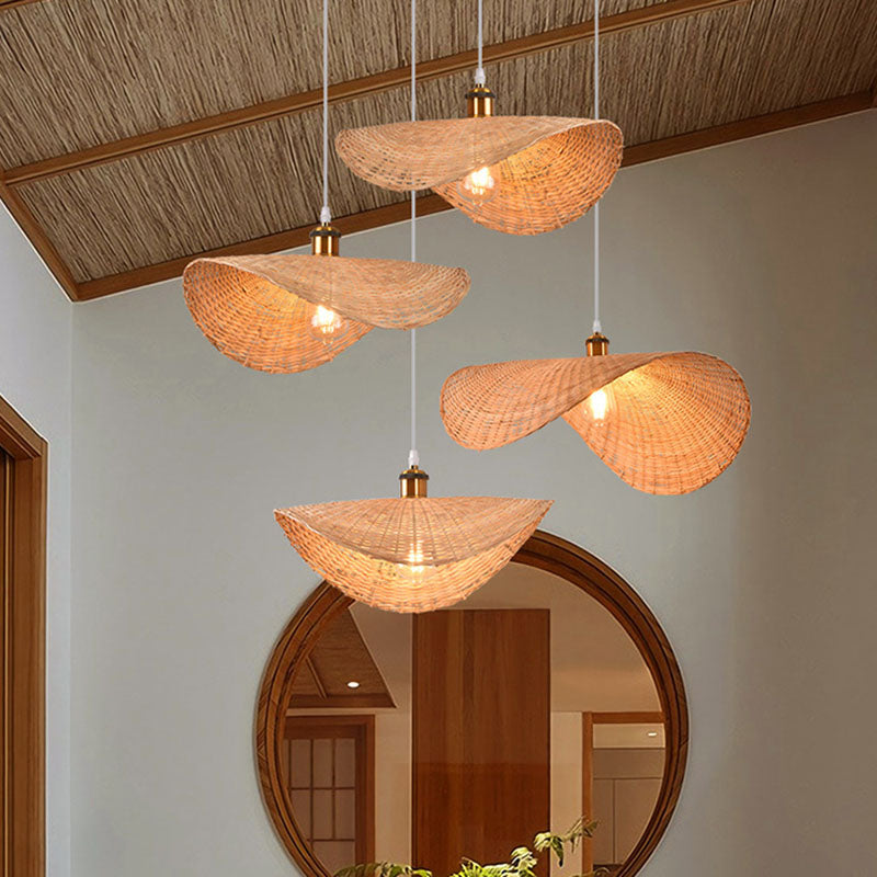 Lotus Leaf Shaped Restaurant Pendant Light Bamboo 1-Light Asian Hanging Lamp Kit in Wood