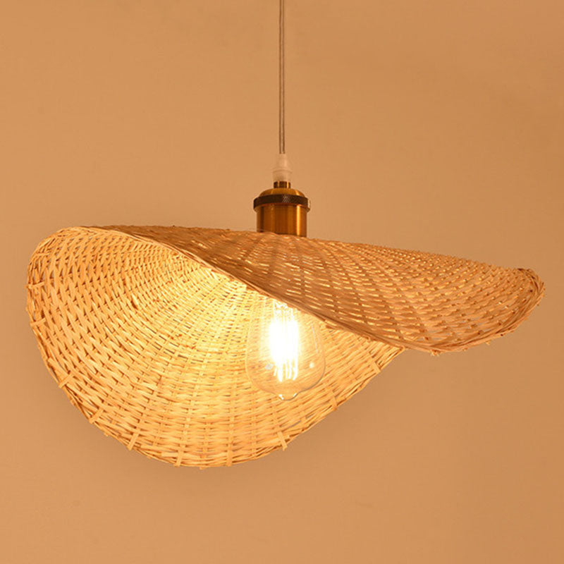 Lotus Leaf Shaped Restaurant Pendant Light Bamboo 1-Light Asian Hanging Lamp Kit in Wood