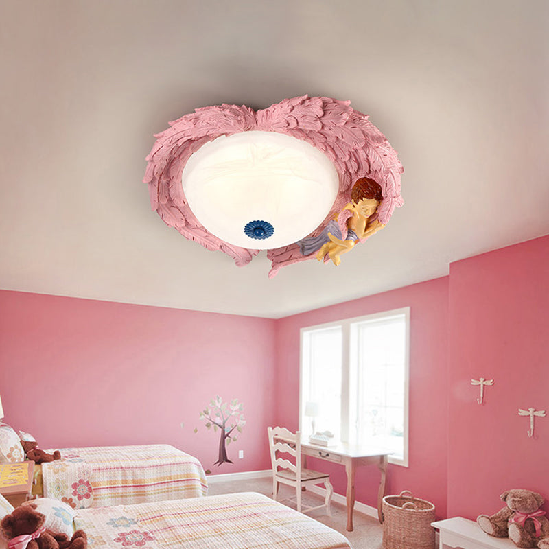 Resin Wing Flush Mount Light with Angel Child Bedroom Romantic Ceiling Lamp