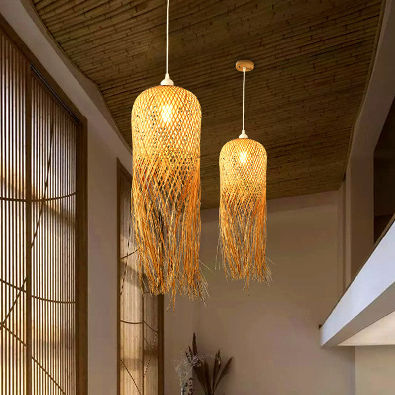 Weaving Dome Pendant Light Fixture Asian Bamboo 1-Light Dining Room Ceiling Lamp with Fringe in Wood