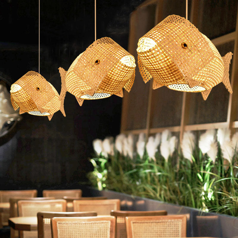 Restaurant en forme de poisson suspension de bambou léger 1 tête de plafond asiatique Pendant en bois