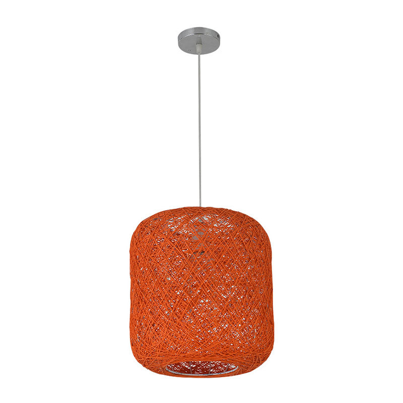 Cylinder Ceiling Hanging Lantern Chinese Style Rattan 1 Bulb Restaurant Pendant Lamp