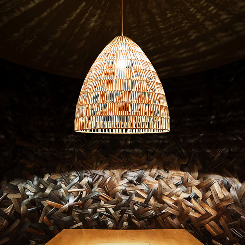 Cloche Shaped Rattan Hanging Ceiling Light Asian Single Wood Pendant Lighting Fixture