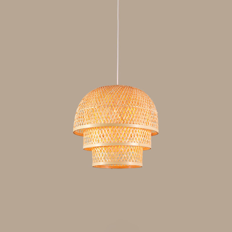 Single Restaurant Down Lighting Pendant Asian Wood Hanging Lamp with Tiered Bamboo Shade